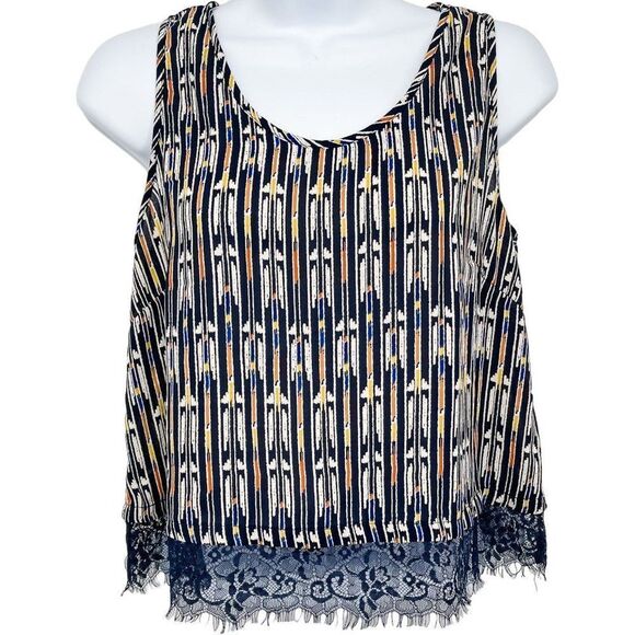 Lush Geometric Aztec Tribal Print Multicolored Lace Trim Sleeveless Crop Top - Picture 1 of 6